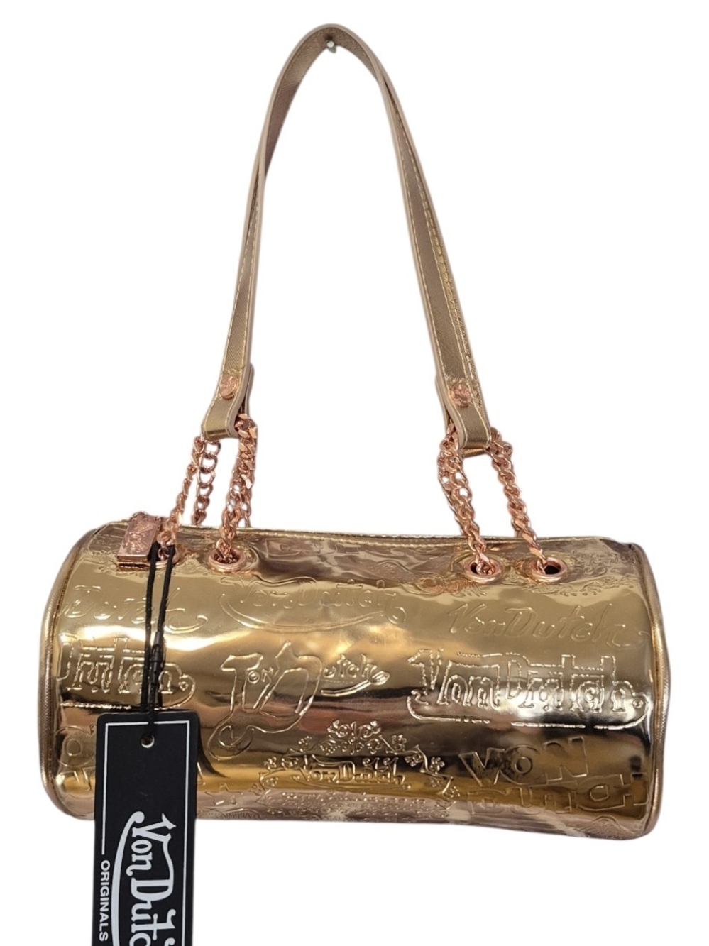 Von Dutch All Over Print Rose Gold Metallic Barrel Bag NWT